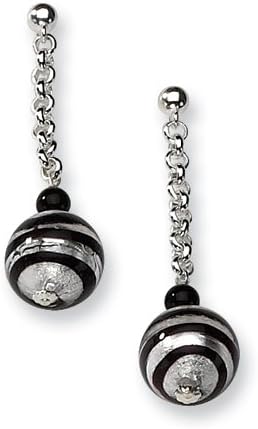 GENUINE Murano Glass 'Black and White' Bead & Black Onyx Drop Dangle Earrings | .925 Sterling Silver Setting - $38.99 SALE - Closeout Special - NO Sales Tax exc. MA + FREE GIFT WRAP (avail. at checkout)