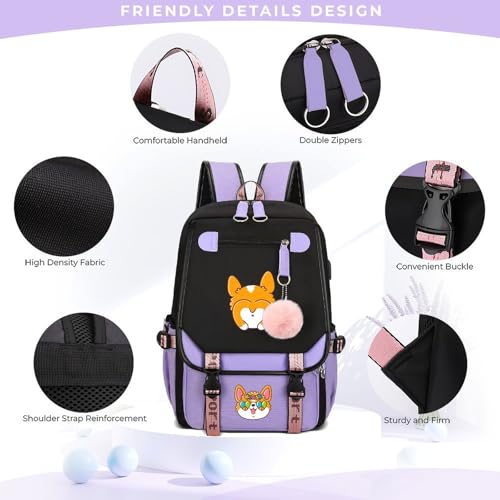Violet Cute Hawaii Corgi Backpack Kawaii Lightweight Bookbag for College Outdoor Train 18 X 11.4 X 6.3inch3