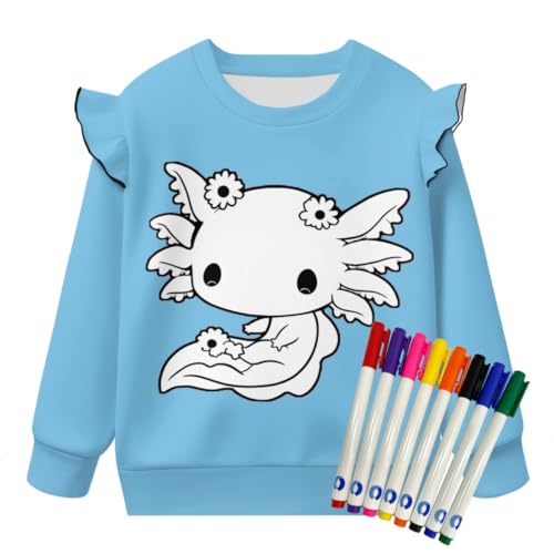 Coloring Sweatshirts for Girls Cute Axolotl Long Sleeve Shirts Kids Colorable Pullover Tops with 8 Markers