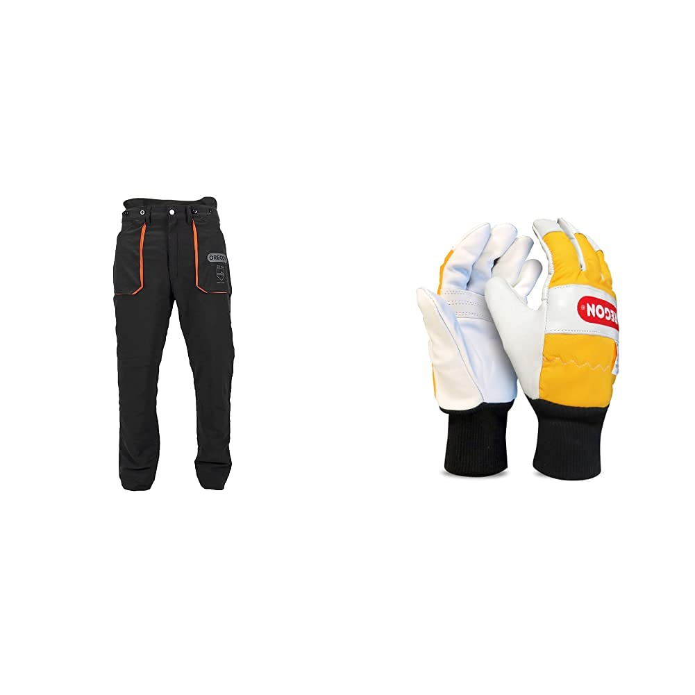 Oregon Yukon Pantalones de Protección Anticorte Clase 1 para Motosierra, Talla M (EU 46-48) (295435/M) & Guantes de Seguridad para Cortar con Motosierra, Piel - 1 Par (M)