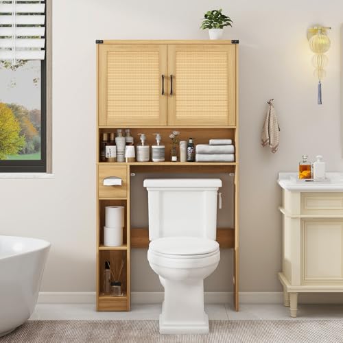 Over The Toilet Storage Cabinet, Farmhouse Rattan Storage Cabinet Over Toilet with 2 Rattan Barn Doors & Home Space-Saving Toilet Rack, for Bathroom, Restroom, Laundry