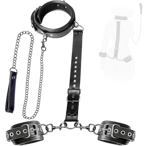 Cuir noir réglable, du cou au poignet avec chaîne de laisse, accessoires de jeu de rôle pour les fêtes de fin d'année