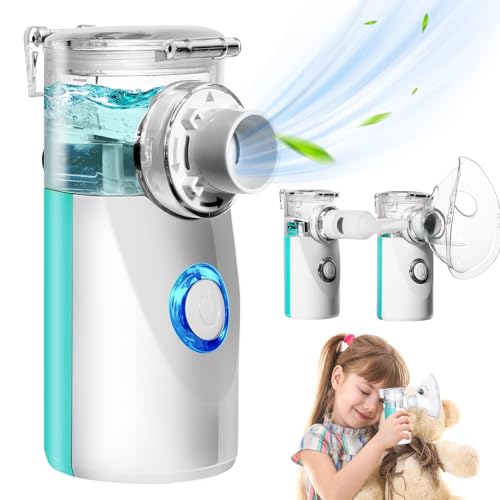 Nebulizador Portatil para Bebe Niños Adultos, Aerosoles Nebulizador Adultos Inhalador Nebulizador Nasal con Boquilla y 2 Máscaras, Cable DC 5V, Ruido Bajo Silenciosos (Verde)