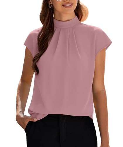 Image of Funlingo Womens Summer Tops Mock Neck Short Cap Sleeve Blouses Business Casual Work Chiffon Shirts Front Pleated Tunic Top