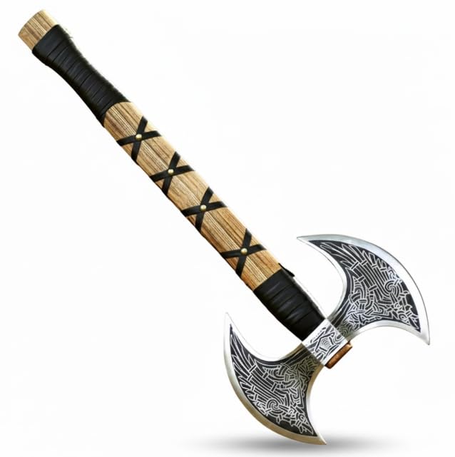 NovaHaven Hacha decorativa hecha a mano – Hoja de acero al carbono con mango de madera de fresno – Varios diseños de hojas con mango de cuero – Incluye funda protectora (Axe-2)