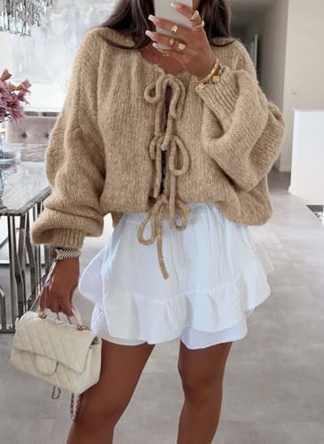 Image of chouyatou Women's Cute Bow Knot Cardigan Fall Casual Oversized Ribbed Knit Sweater Cardigan Tops