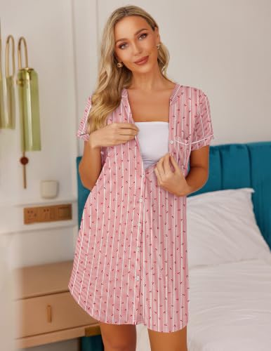 Image of Ekouaer Nightgowns for Women Button Down Night Gown Short Sleeve Sleepshirt | V Neck Nightshirt Soft Sleepwear Pajams Dress for Night, Sleep, Bedroom, Labor, Delivery, Maternity, Nursing, Hospital