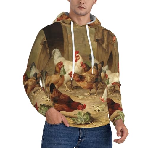 JEJEA Sudadera con capucha para hombre con estampado de gallinas de granja, sudadera con capucha con cordón, suéter de manga larga, para uso diario, Negro, XXL