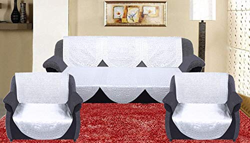 Image of Kuber Industries Flower Design Shining Cotton 6 Pieces 5 Seater Sofa Cover Set (White) CTKTC34054
