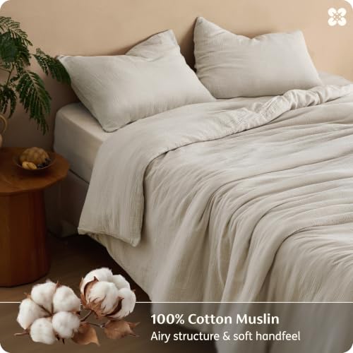 Image of Bedsure 100% Muslin Cotton Duvet Cover Queen Size - Ultra-Soft Gauze Duvet Cover, PureWoven Breathable & Lightweight Bedding Set with Zipper Closure and Corner Ties (Linen, Queen, 90 inchx90 inch)