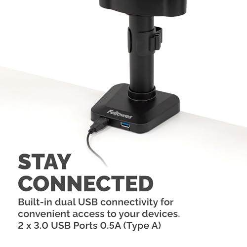 Image of Fellowes Platinum Series Triple Monitor Arm for 27-Inch Monitors, Full Motion, 360 Rotation, VESA Mount with Grommet or Clamp, USB Ports, Ergonomic, Black, 8042601