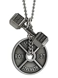 Shields of Strength Men's Fitness Gym Weight Plate and Dumbbell Pendant Combo Necklace Inscribed with Romans 8:37 and Luke 1:37 Bible Verses for Weightlifters and Athletes - Christian Gifts