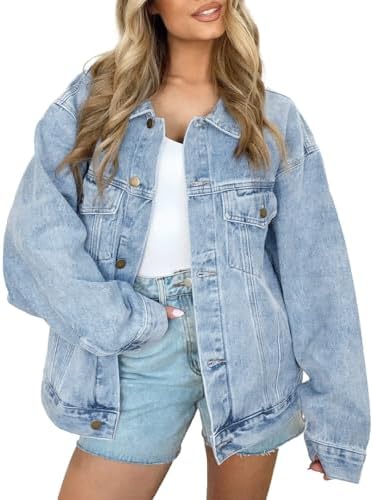 AUTOMET Women's Oversized Jeans Jacket, Classic Button Down Denim...