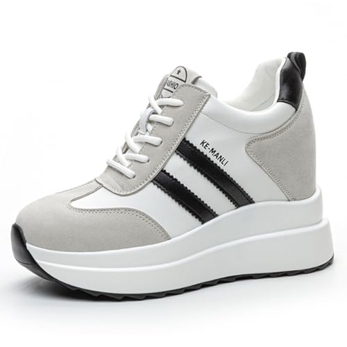 MIEHUIAI Zapatillas de Cuña para Mujer Moda Cuero Zapatos de Deporte Altas Ligeras Casuales Wedge Plataforma Sneakers con Tacón Oculto 10CM(Blanco,Tamaño 39)