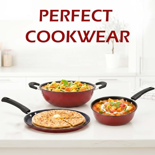 Image of DOZY Non-Stick Cookware Set | Maroon | 3 Piece, Kadai with Tawa and Fry Pan | Fast Heating on Low Flame | Induction cookware Set | Bakelite Handle