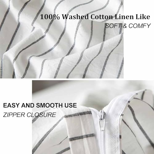 Nanko 100% Washed Cotton Striped Duvet Cover Set King Size Linen Like, White Grey Pattern Soft Bedding Sets Comforter Covers with Zip Tie Modern Farmhouse Natural for Women Men Teen 3Pc 104 x 90 Gray - Thumbnail 6