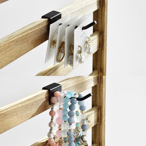 Ikee Design Wooden Jewelry Display Rack with 20 Removable Metal Hooks, Earring Card Display Holder Stand for Earring Cards, Necklaces, Bracelet, Keychain Stand, Oak Color