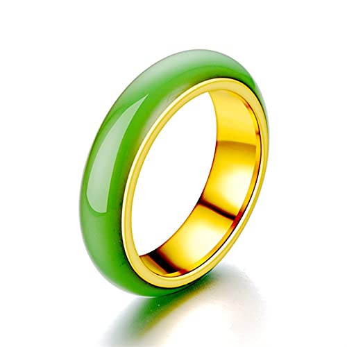 Bague en jade vert chinois et acier inoxydable sculpté main pour femme