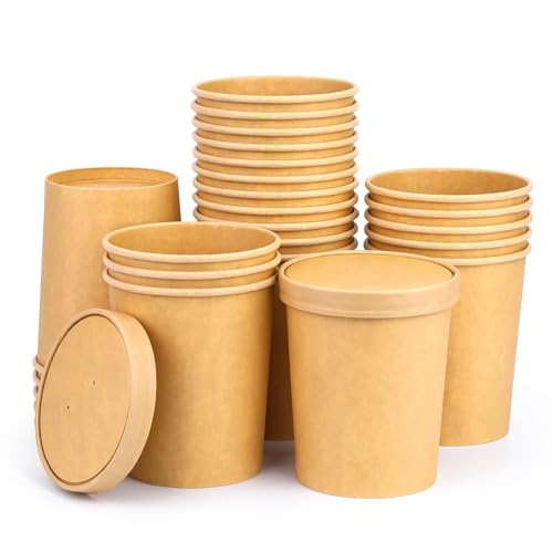 Image of 32 Oz 25 Pack Paper Soup Containers with Lids, Ice Cream Cups | Paper Soup Cups with Vented Lids for Refrigerator, On-the-Go, Ice Cream, Fruits with PLA Lined