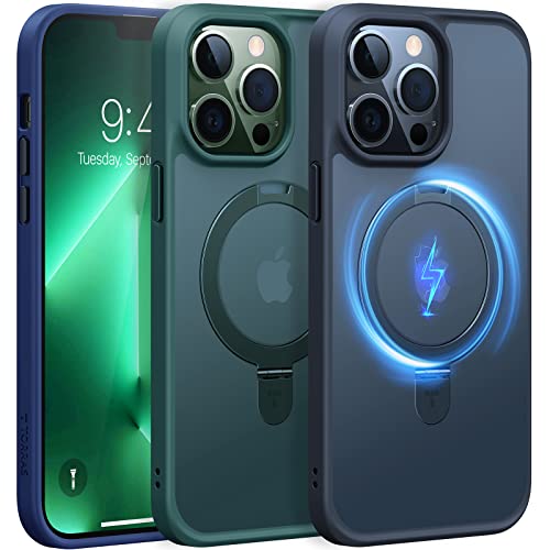 TORRAS Magnetic Shockproof for iPhone 13 Pro Case, [Exceed 3X Mil-Grade Drop Protection][Compatible with MagSafe] Built-in Foldable Stand Slim Yet Protective Phone Cover, Green