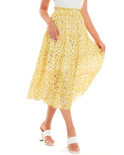DIASHINY Women's Boho Printed High Waist Pleated Layered Elastic Waist A Line Long Skirt Yellow M