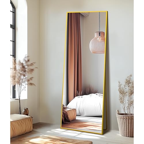 Delma Full Length Standing Mirror,Large Floor Mirror with Aluminum Frame for Bedroom, Bathroom, Living Room,Wall Mount or Freestanding Design(with Stand,Rect 69x24-Gold)