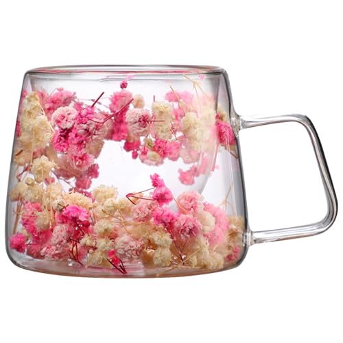 Tazas de café de vidrio, taza de café de vidrio de doble pared Taza aislada de flores secas de 200 ml con asa Tazas transparentes resistentes al calor para agua, leche, doble pared
