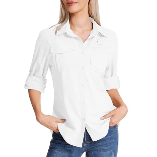 Faysfad - Chemise safari pour femme UPF 50 protection solaire UV à séchage rapide à manches longues pour la randonnée, la marche, la pêche, les voyages, blanc, M