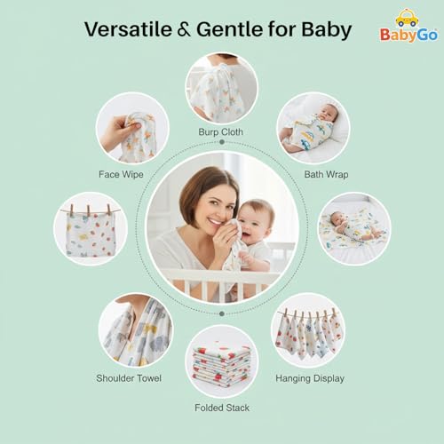 Image of BabyGo Baby Muslin Washcloths, Super Soft 100% Cotton Face Towels | Reusable Hygiene Wash Cloth | Napkin for New Babies | Soft Hankies for Children (Small 30X 30Cm,(Pack of 5)