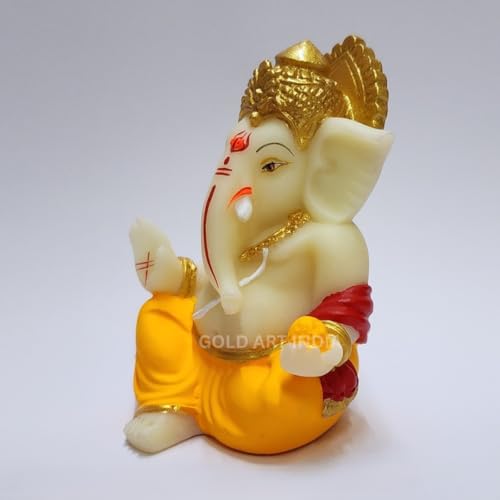 Image of Gold Art India Gaddi Ganesha Idol 3.5 inch - Ivory Multicolour Ganpati Murti with Golden Jewelry | Hand-Painted Polyresin Ganesh Idol for Car Dashboard, Home Temple, Office Desk Decor