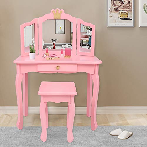Image of Vanity Set,ShyneeMakeup Dressing Vanity Set Wooden Princess Makeup Table with Cushioned Stool,Drawer,Wooden Legs and Mirror, Make Up Dressing Play Set for Girls (Pink Crown)