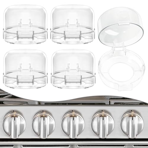 DAFUWENG 5 PACK Stove Knob Covers for Child Safety, Childproof Gas Stove Knob Locks, Stove Oven Knob Safety Covers with Adhesive, for Kids and Pets, Heat-Resistant, Clear View (Upgraded - Transparent)