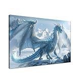 Blue Powerful Dragon Canvas Wall Art Pictures Wall Decor Canvas Prints Framed Abstract Fantasy Paintings Decorations For Boys Living Room Bedroom(24''Wx16''H)