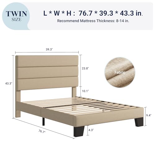 Allewie Twin Size Platform Bed Frame with Fabric Upholstered Headboard and Wooden Slats Support, Fully Upholstered Mattress Foundation/No Box Spring Needed/Easy Assembly, Beige
