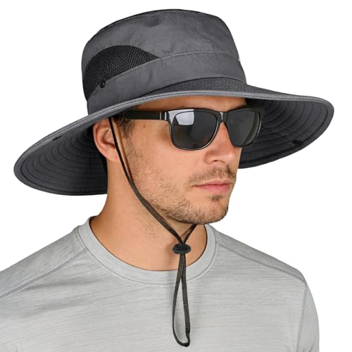 ZOORON Sun Hats for Men Women, Wide Brim Safari Hats UV Protection UPF50+ Waterproof Boonie Hats for Fishing Hiking Camping (1Pack-Dark Gray)