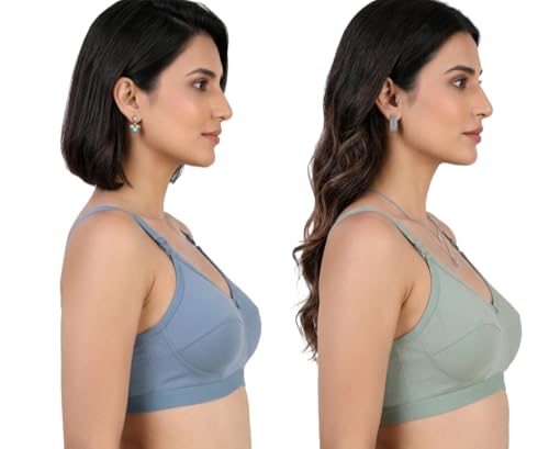 Image of Pack of 2 Women's Pure Cotton Non-Padded Wire-Free Everyday Bra | Full Coverage Seamed Cups with Wide Adjustable Straps | Everyday Comfort