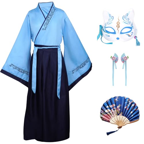 CRFASIBE Hanfu Robe Chinois Enfants, Deguisement Chinoise Fille Costume, Enfants Costumes Cosplay Vêtement avec Accessoires(Bleu,140cm)