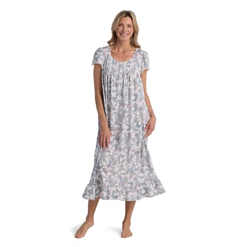 Miss Elaine Silkyknit Long Nightgown, Round Neckline, Short Sleeves, Lace Details, Women’s Sleepwear & Loungewear