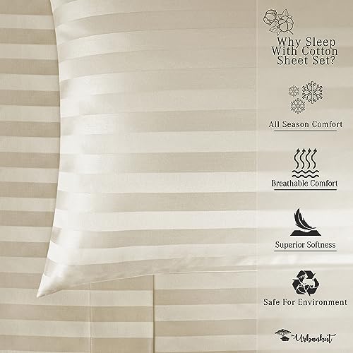 URBANHUT 800 Thread Count Egyptian Cotton Damask Striped King Size Sheets Set (4 Pc) - Ultra Soft & Smooth, Sateen Weave King Size Sheets, Luxury Hotel Sheets with 16" Deep Pocket - Ivory