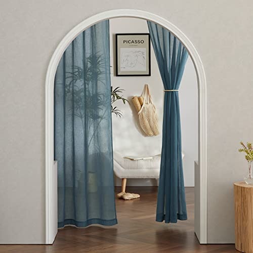 NICETOWN Linen Blend Semi Sheer Curtains, (Smoke Blue) Grommet Top Privacy with Light Penetration Flax Sheer Curtains & Drapes for Living Room/Bedroom, W52 x L108, 2 Panels