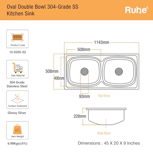 Image of Ruhe Oval Double Bowl 45x20x9 inches 304 Grade Kitchen Sink | 304 Grade Stainless Steel Oval Double Bowl Kitchen Sink | Glossy Finish | Sink Coupling and Waste pipe