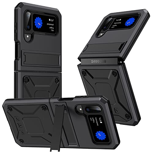 Kumwum Shockproof Phone Case For Samsung Galaxy Z Flip 3 & Z Flip 4 Military Grade Protection Heavy Duty Metal Bumper Built-In Silicone Protective Cover With Kickstand - Black #TOP19