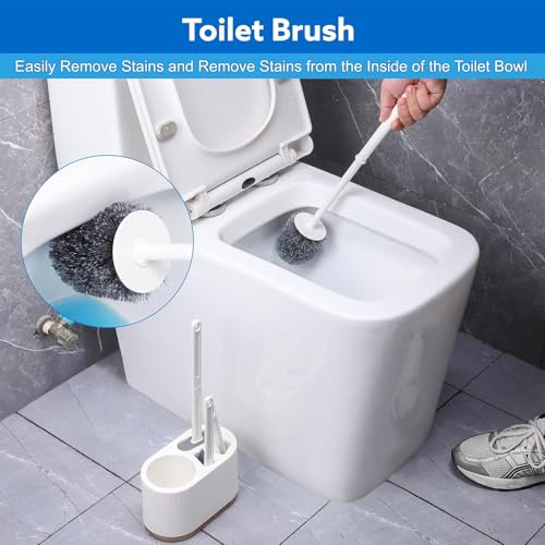Image of Vasukie Silicone Toilet Brush and Holder Set, with a Extra Crevice Cleaning Brush Deep Cleaning Toilet Bowl Brush for Bathroom Toilet Brushes for Bathroom Wall Mounted Water Drop (4IN1 White)
