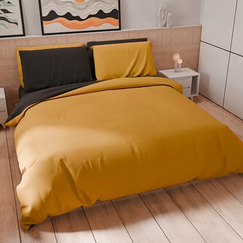 PETTI Artigiani Italiani - Parure de lit 2 Places 240 x 220 cm (2 taies d'oreiller 50 x 80 cm incluses), Housse de Couette Douce Microfibre Couleur Unie Jaune...