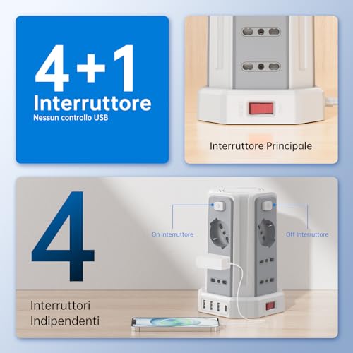Multipresa Verticale Universale con 12 Prese e 4 Porte USB - Soluzione Pratica e Sicura per le Tue Esigenze di Alimentazione e Ricarica - immagine 5