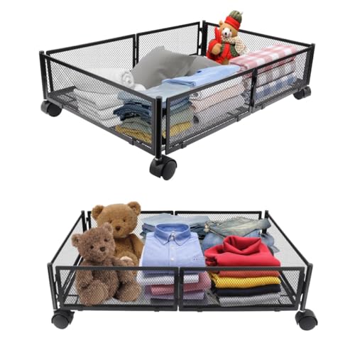 2P Rangement Sous Lit avec Roulette,Boîte de rangement sous Lit,Tiroir Commode sous Lit Pliable en Métal,Boîtes de Rangement sous Lit pour sous Canapé, sous Table (60 * 40 * 17cm-Noir-2P)