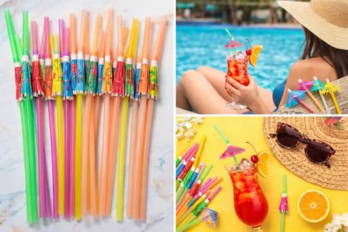 Image of Decorative Drinking Straws with Tropical Fruit and Umbrella Picks, Bendable Cocktail Straws for Party (Multicolor, Pack of 25pcs)