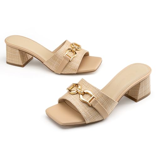 Athlefit Raffia Heeled Sandals for Women Mules Square Peep Toe Chunky Block Heels Slip On Comfortable Casual Slide Sandals Natural Size 10 — view 5