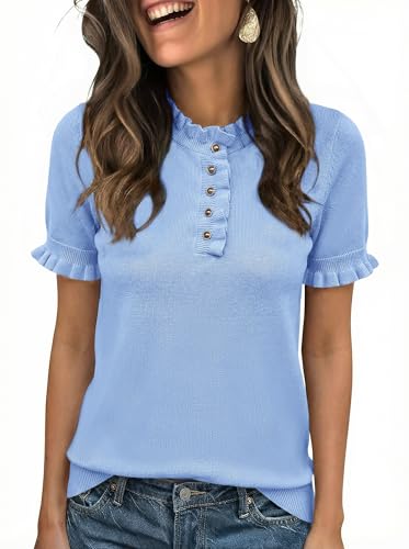 Cicy Bell Womens Puff Short Sleeve Sweater Tops Ruffle Henley