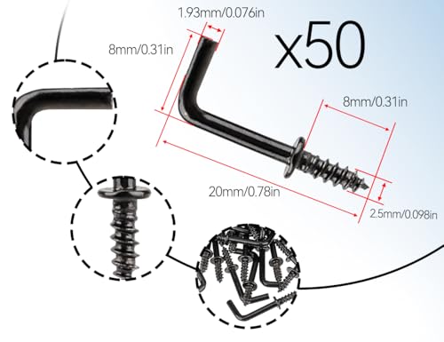 Lhbwhiz 50 Stück Schraubhaken,Mini-L-förmige Haken zum Schrauben,kleine rechtwinklige Einschraubhaken,Metall Hakenschrauben zum Aufhängen,Stabile Wandhaken(Schwarz,20 * 8 mm)